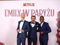 Actors Bruno Gouery, William Abadie and Samuel Arnold attend a photocall during the premiere of the season fourth part two of 'Emily in Pari...