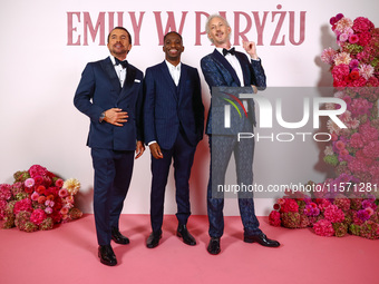 Actors William Abadie, Samuel Arnold and Bruno Gouery attend a photocall during the premiere of the season fourth part two of 'Emily in Pari...