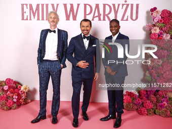 Actors Bruno Gouery, William Abadie and Samuel Arnold attend a photocall during the premiere of the season fourth part two of 'Emily in Pari...