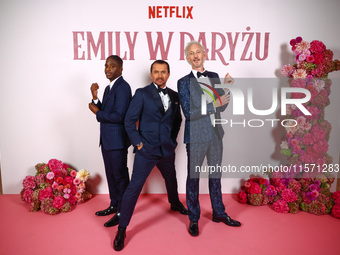 Actors Samuel Arnold, William Abadie and Bruno Gouery attend a photocall during the premiere of the season fourth part two of 'Emily in Pari...