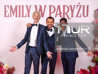 Actors Bruno Gouery, William Abadie and Samuel Arnold attend a photocall during the premiere of the season fourth part two of 'Emily in Pari...