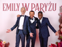 Actors Bruno Gouery, William Abadie and Samuel Arnold attend a photocall during the premiere of the season fourth part two of 'Emily in Pari...