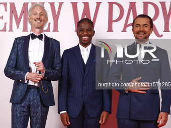 Actors Bruno Gouery, Samuel Arnold and William Abadie attend a photocall during the premiere of the season fourth part two of 'Emily in Pari...