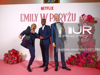 Actors William Abadie, Samuel Arnold and Bruno Gouery attend a photocall during the premiere of the season fourth part two of 'Emily in Pari...