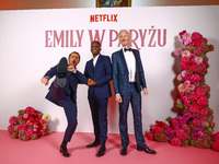 Actors William Abadie, Samuel Arnold and Bruno Gouery attend a photocall during the premiere of the season fourth part two of 'Emily in Pari...