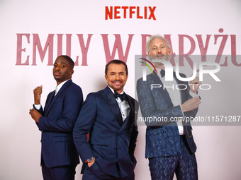 Actors Samuel Arnold, William Abadie and Bruno Gouery attend a photocall during the premiere of the season fourth part two of 'Emily in Pari...