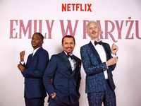 Actors Samuel Arnold, William Abadie and Bruno Gouery attend a photocall during the premiere of the season fourth part two of 'Emily in Pari...