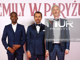 Actors Samuel Arnold, William Abadie and Bruno Gouery attend a photocall during the premiere of the season fourth part two of 'Emily in Pari...