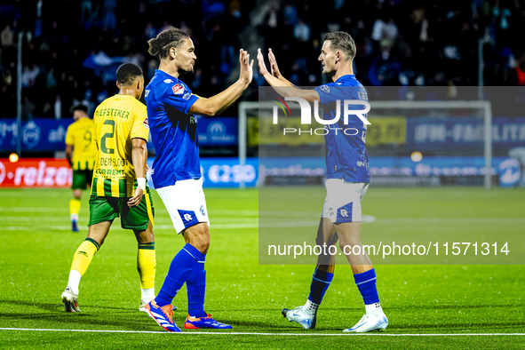 FC Den Bosch player Victor van den Bogaert and FC Den Bosch player Torles Knoll celebrate the goal during the match between Den Bosch and AD...