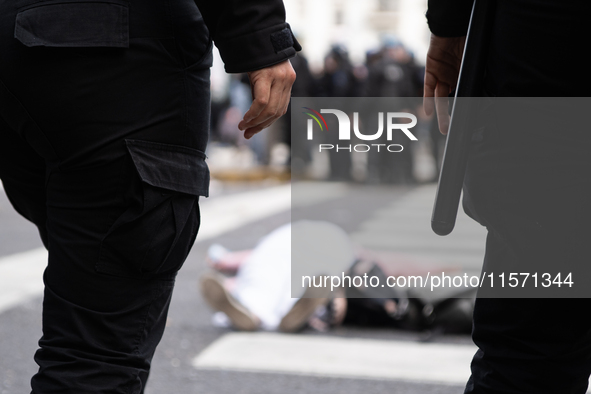 Retirees, social organizations, and unions mobilize in front of the National Congress of the Republic of Argentina in Buenos Aires, Argentin...