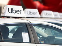 The Uber logo is seen during the Tuning Show Expo in Krakow, Poland, on September 8, 2024. (