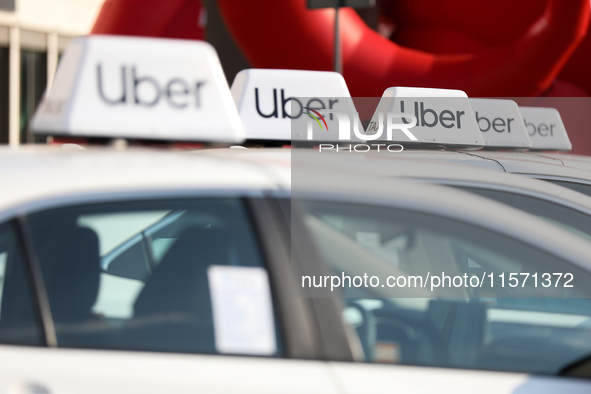 The Uber logo is seen during the Tuning Show Expo in Krakow, Poland, on September 8, 2024. 