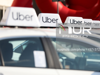 The Uber logo is seen during the Tuning Show Expo in Krakow, Poland, on September 8, 2024. (