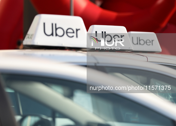 The Uber logo is seen during the Tuning Show Expo in Krakow, Poland, on September 8, 2024. 