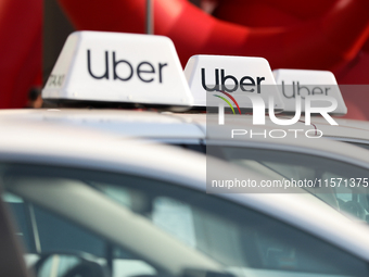 The Uber logo is seen during the Tuning Show Expo in Krakow, Poland, on September 8, 2024. (