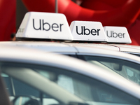 The Uber logo is seen during the Tuning Show Expo in Krakow, Poland, on September 8, 2024. (