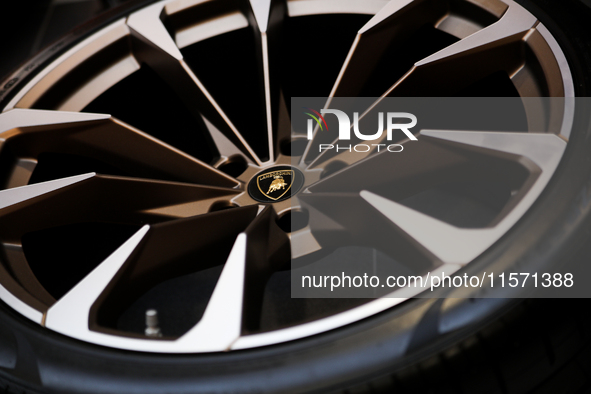 A car wheel with a Lamborghini logo is seen during the Tuning Show Expo in Krakow, Poland, on September 8, 2024. 