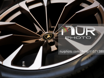 A car wheel with a Lamborghini logo is seen during the Tuning Show Expo in Krakow, Poland, on September 8, 2024. (