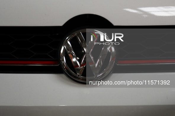 The Volkswagen logo is seen during the Tuning Show Expo in Krakow, Poland, on September 8, 2024. 