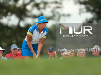 GAINESVILLE, VIRGINIA - SEPTEMBER 13: Anna Nordqvist of Team Europe lines up her putt on the third green during Fourball Matches on Day One...