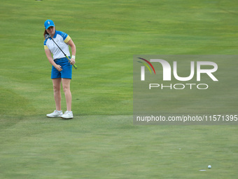 GAINESVILLE, VIRGINIA - SEPTEMBER 13: Leona Maguire of Team Europe follows her putt on the 14th green during Fourball Matches on Day One of...