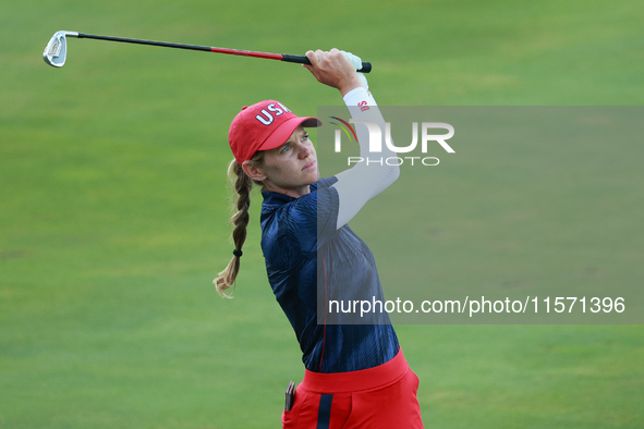 GAINESVILLE, VIRGINIA - SEPTEMBER 13: Sarah Schmelzel of the United States plays her second shot on the 15th hole during Fourball Matches on...