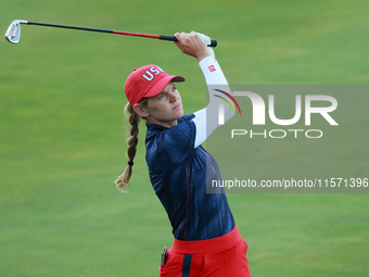 GAINESVILLE, VIRGINIA - SEPTEMBER 13: Sarah Schmelzel of the United States plays her second shot on the 15th hole during Fourball Matches on...