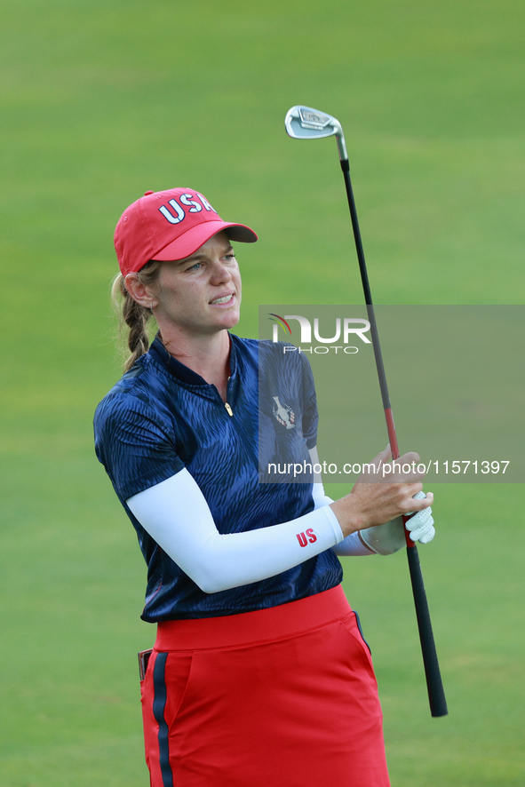 GAINESVILLE, VIRGINIA - SEPTEMBER 13: Sarah Schmelzel of the United States plays her second shot on the 15th hole during Fourball Matches on...