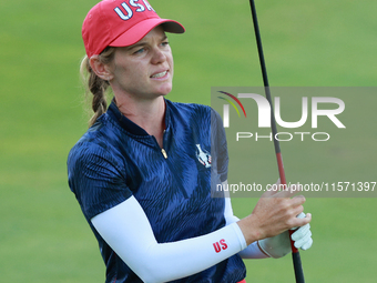 GAINESVILLE, VIRGINIA - SEPTEMBER 13: Sarah Schmelzel of the United States plays her second shot on the 15th hole during Fourball Matches on...