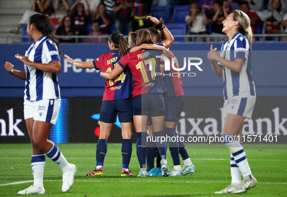 FC Barcelona players celebrate during the match between FC Barcelona Women and Real Sociedad Women, corresponding to week 2 of the Liga F, a...