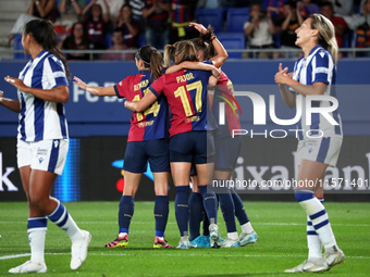 FC Barcelona players celebrate during the match between FC Barcelona Women and Real Sociedad Women, corresponding to week 2 of the Liga F, a...