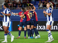 FC Barcelona players celebrate during the match between FC Barcelona Women and Real Sociedad Women, corresponding to week 2 of the Liga F, a...