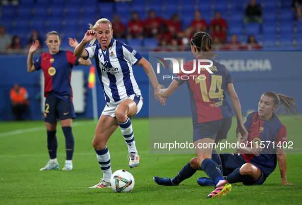 Klara Cahynova plays during the match between FC Barcelona Women and Real Sociedad Women, corresponding to week 2 of the Liga F, at the Joha...