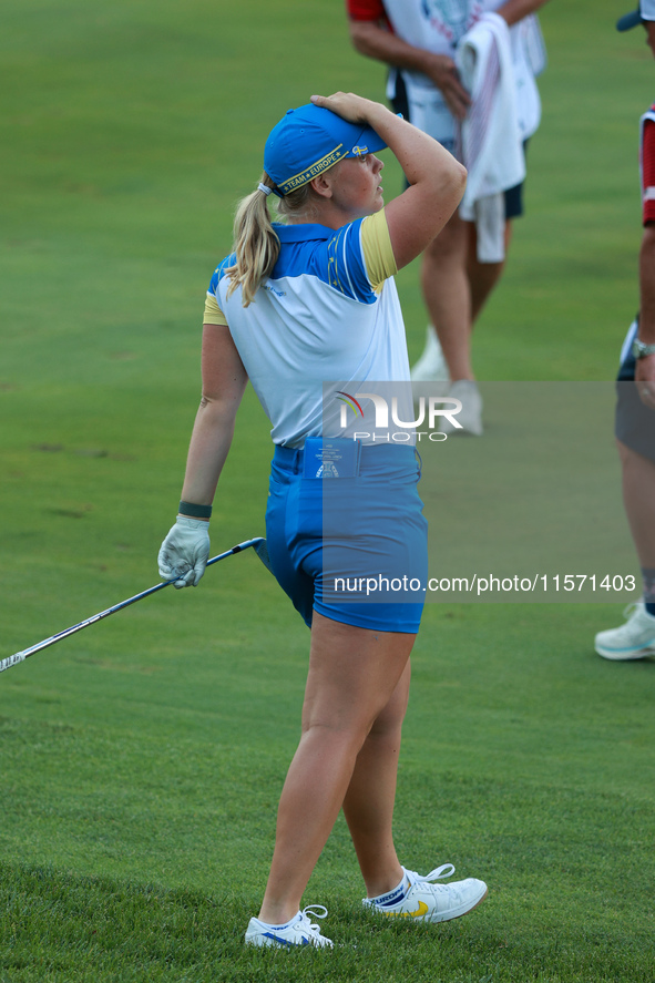 GAINESVILLE, VIRGINIA - SEPTEMBER 13: Maja Stark of Team Europe reacts to her fairway shot on the 15th hole during Fourball Matches on Day O...