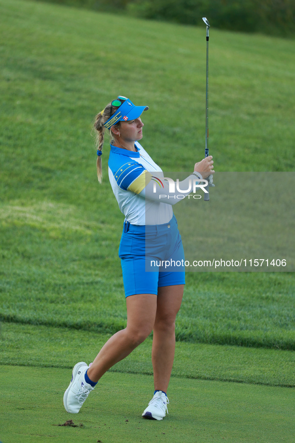 GAINESVILLE, VIRGINIA - SEPTEMBER 13: Emily Kristine Pedersen of of Team Europe plays her second shot on the 15th hole during Fourball Match...