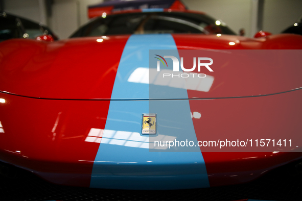 The Ferrari logo is seen during the Tuning Show Expo in Krakow, Poland, on September 8, 2024. 