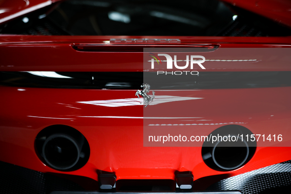 The Ferrari logo is seen during the Tuning Show Expo in Krakow, Poland, on September 8, 2024. 