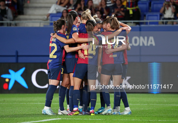 FC Barcelona players celebrate during the match between FC Barcelona Women and Real Sociedad Women, corresponding to week 2 of the Liga F, a...