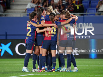 FC Barcelona players celebrate during the match between FC Barcelona Women and Real Sociedad Women, corresponding to week 2 of the Liga F, a...