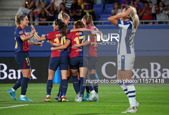 FC Barcelona players celebrate during the match between FC Barcelona Women and Real Sociedad Women, corresponding to week 2 of the Liga F, a...