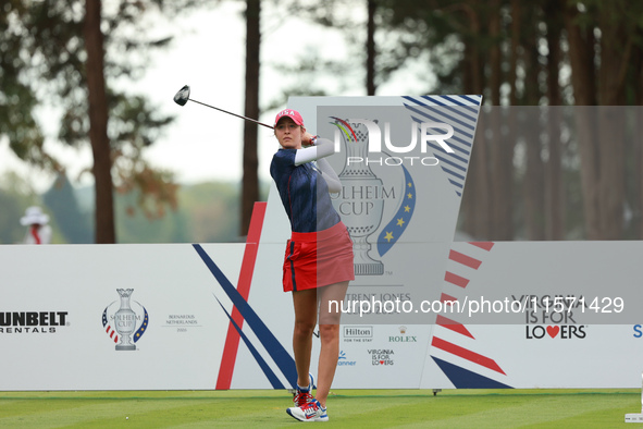 GAINESVILLE, VIRGINIA - SEPTEMBER 13: Nelly Korda of the United States plays her tee shot on the second hole during Fourball Matches on Day...