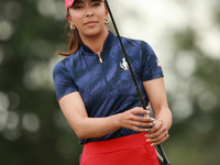 GAINESVILLE, VIRGINIA - SEPTEMBER 13: Alison Lee of the United States reacts to her putt on the third green during Fourball Matches on Day O...