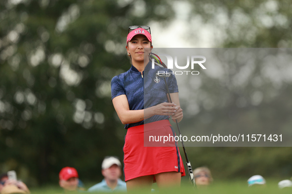 GAINESVILLE, VIRGINIA - SEPTEMBER 13: Alison Lee of the United States reacts to her putt on the third green during Fourball Matches on Day O...