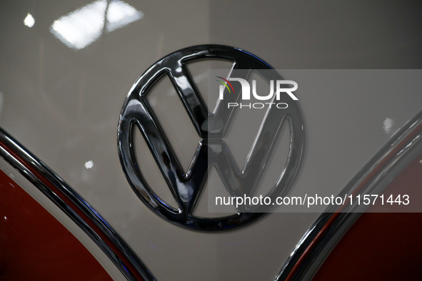 The Volkswagen logo is seen during the Tuning Show Expo in Krakow, Poland, on September 8, 2024. 