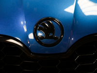 The Skoda logo is seen during the Tuning Show Expo in Krakow, Poland, on September 8, 2024. (