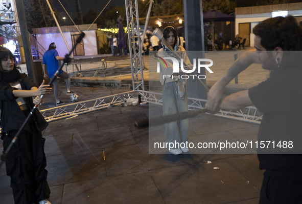 Iranian youths perform at Adrenaline Park in Tehran, Iran, on September 13, 2024. Amir Badri, an Iranian stuntman and award winner of the Sc...