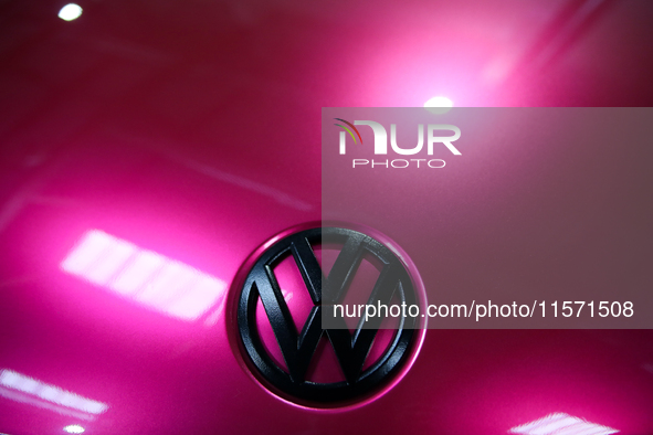 The Volkswagen logo is seen during the Tuning Show Expo in Krakow, Poland, on September 8, 2024. 