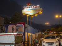 Adrenaline Park's sign is pictured at its main entrance in Tehran, Iran, on September 13, 2024. Adrenaline Park is founded by Amir Badri, an...