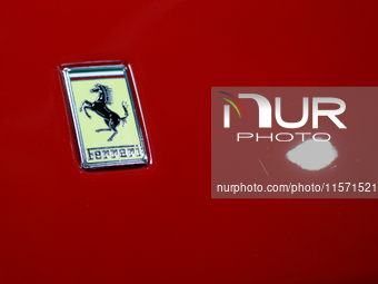 The Ferrari logo is seen during the Tuning Show Expo in Krakow, Poland, on September 8, 2024. (