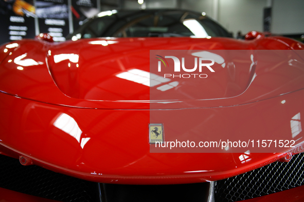 The Ferrari logo is seen during the Tuning Show Expo in Krakow, Poland, on September 8, 2024. 